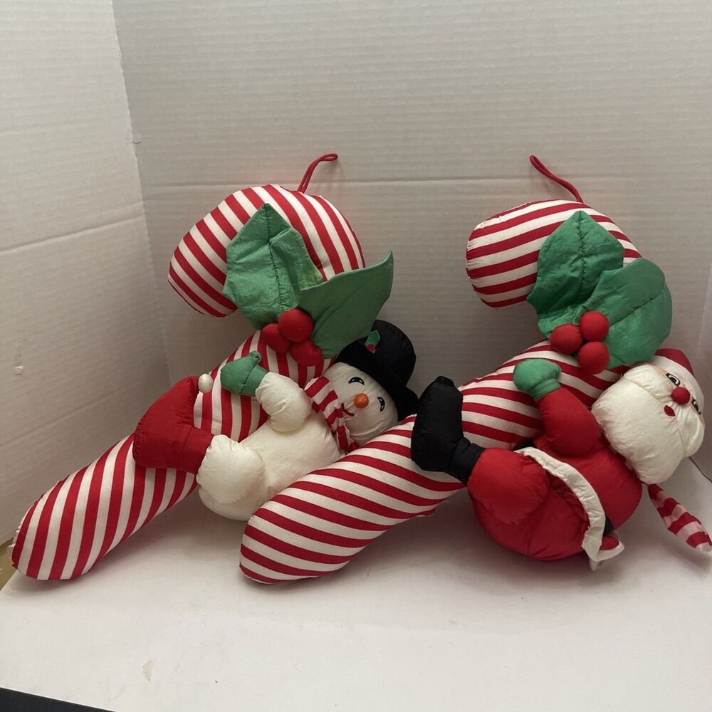 2 Vtg Inter. Silver Co Christmas Plush Parachute Nylon Santa Snowman 19” Hanging